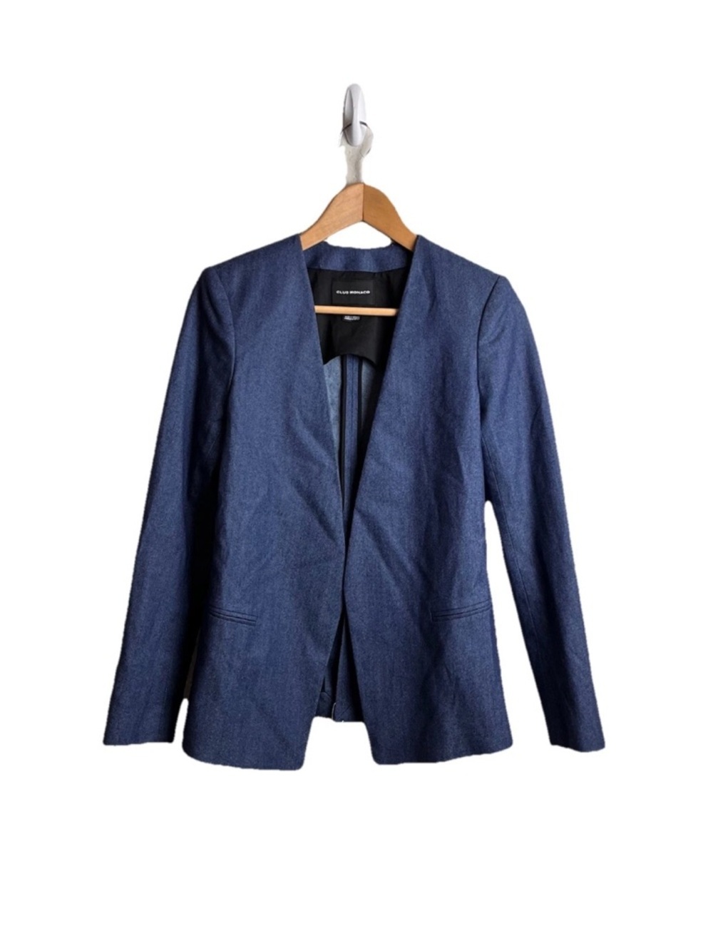Club Monaco Denim Blazer 2 Blue Stretch Open Front Jacket Career Women’s